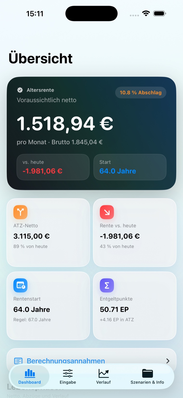 FlexRente Übersicht mit Netto-Vergleich der Lebensphasen