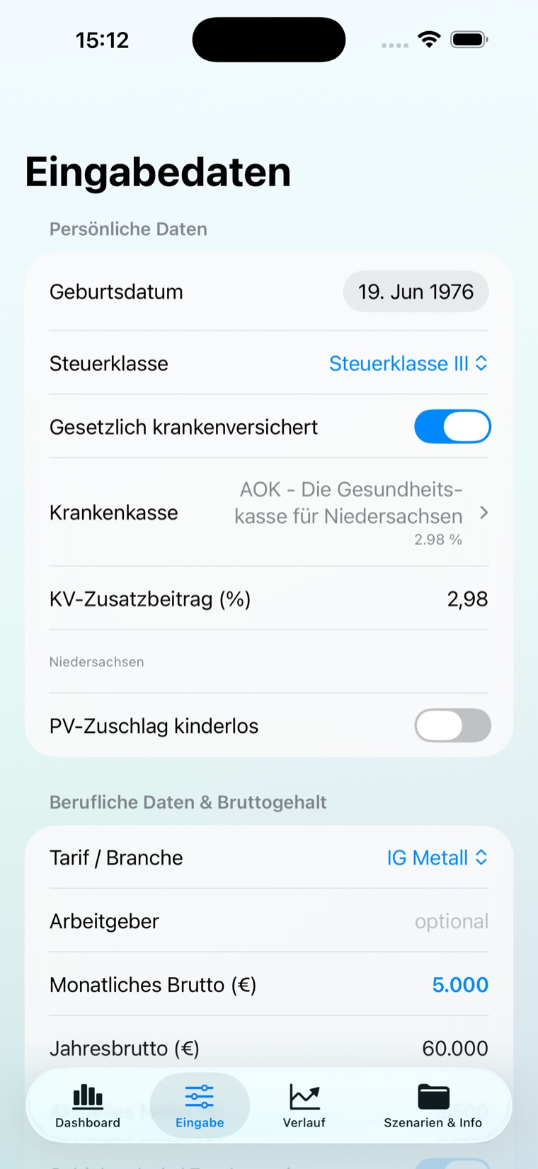 FlexRente Szenario-Eingabe für Altersteilzeit und persönliche Annahmen