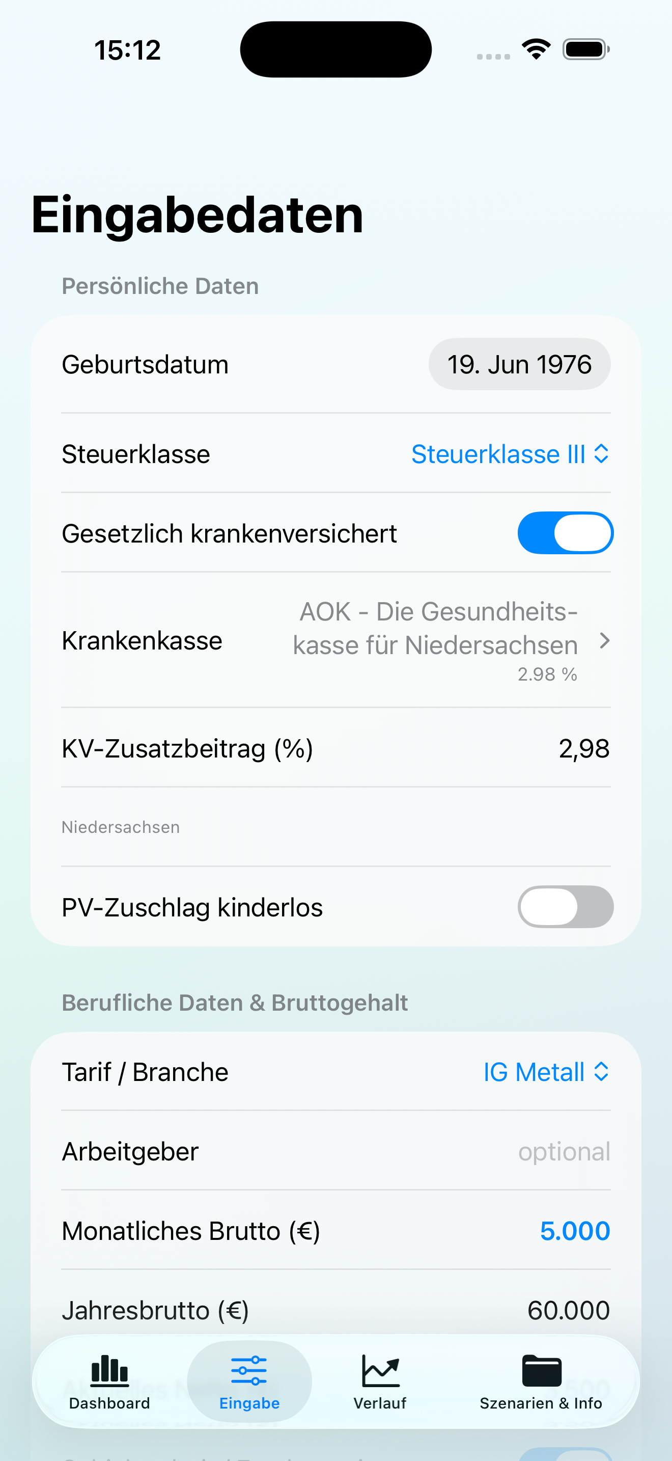 FlexRente Szenario-Eingabe für Altersteilzeit und persönliche Annahmen