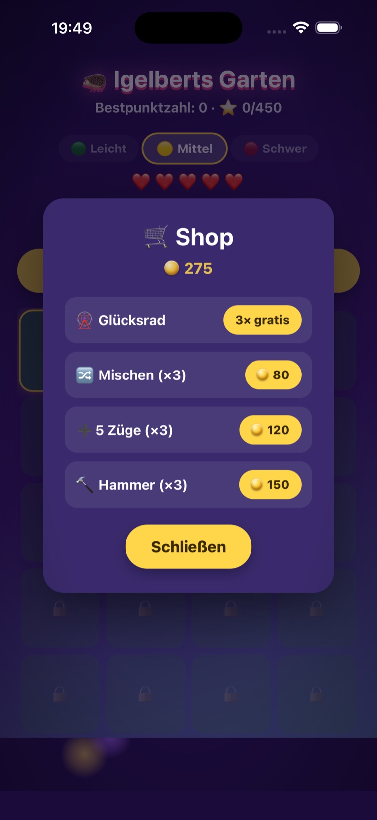 Igelberts Garten Shop mit Power-ups wie Mischen, Extra-Zügen und Hammer