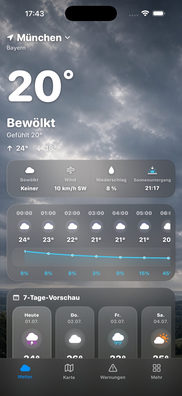 KlarWetter Dashboard mit aktuellem Wetter und Warnhinweisen