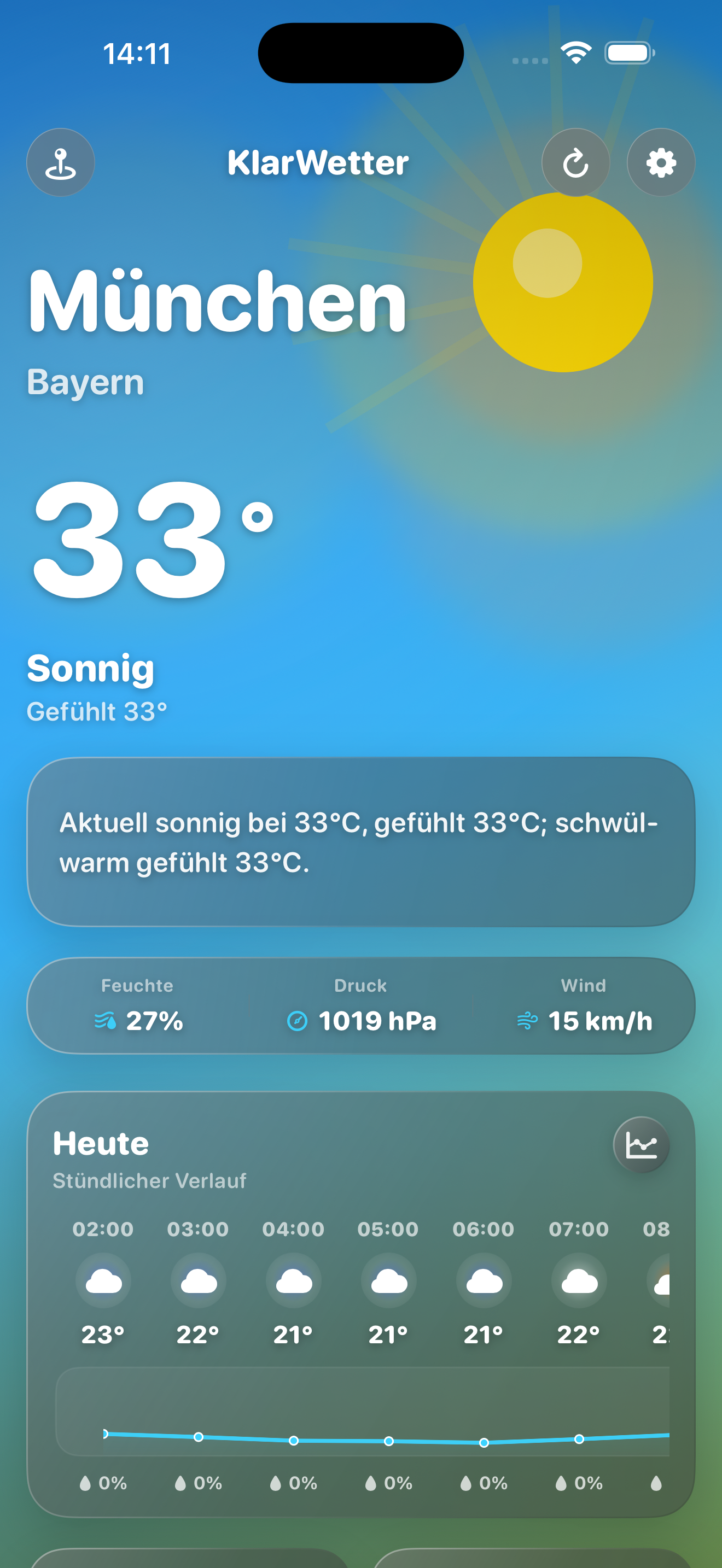 KlarWetter Dashboard mit aktuellem Wetter und Warnhinweisen