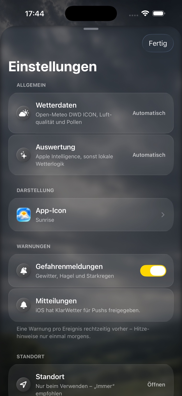 KlarWetter Einstellungen mit Datenquellen, Auswertung und App-Icon-Auswahl