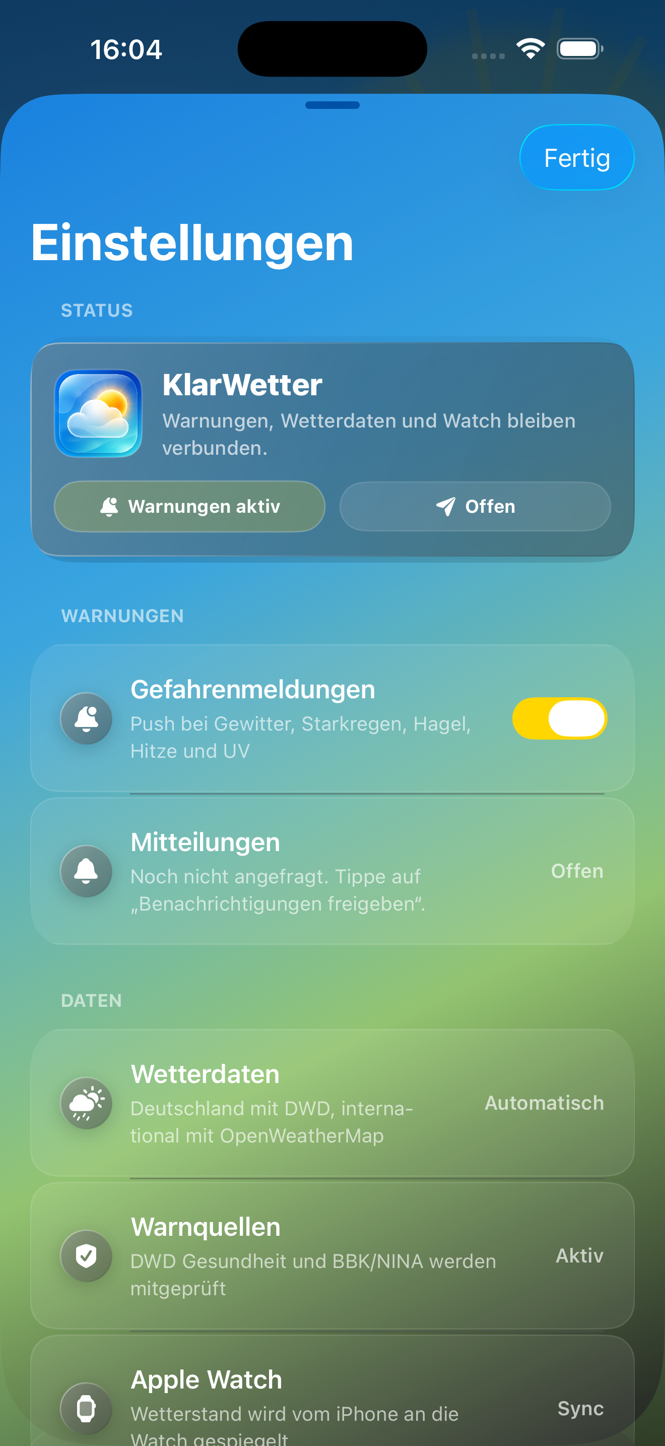 KlarWetter Einstellungen mit Datenquellen, Auswertung und App-Icon-Auswahl