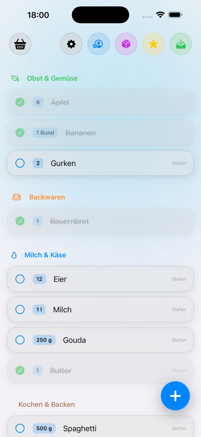 Korb Dashboard mit Einkaufsliste