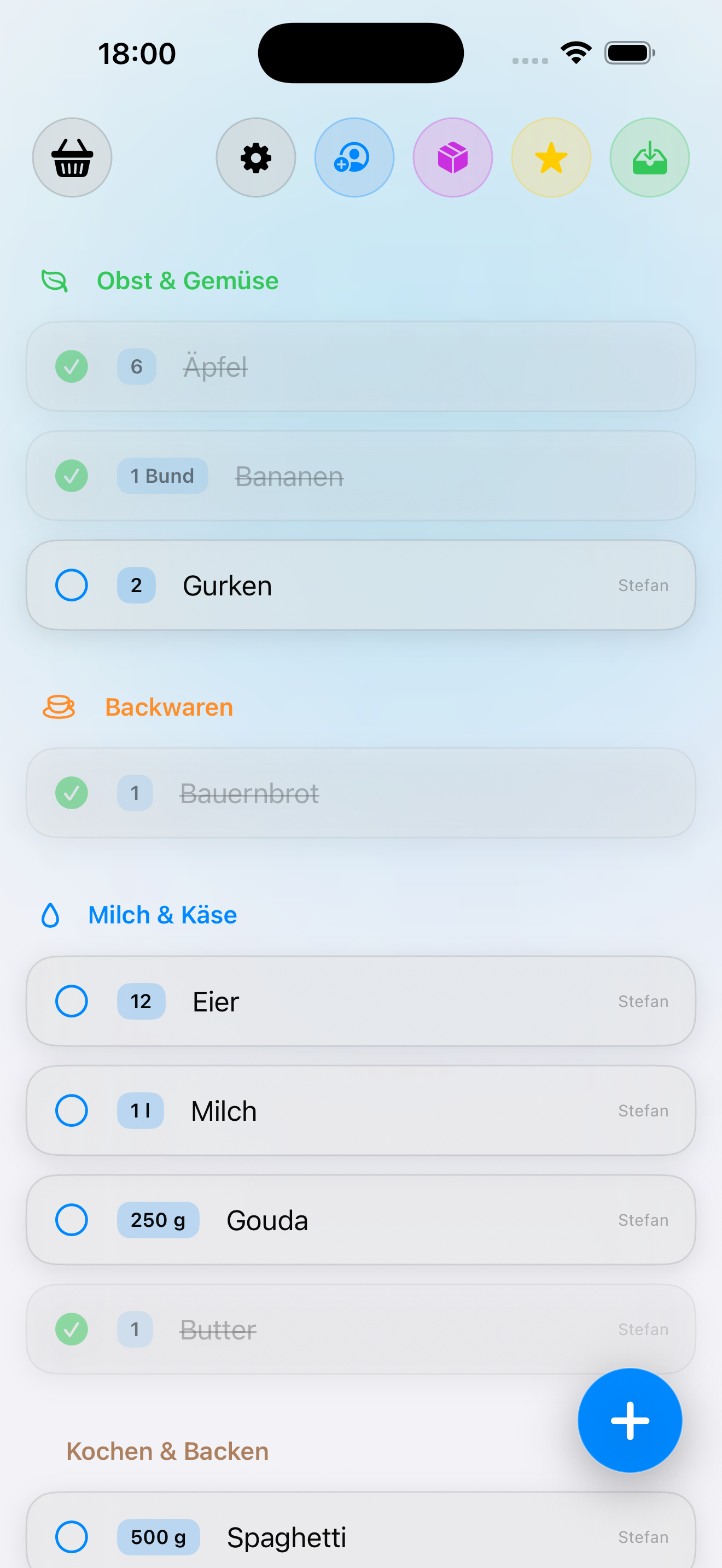 Korb Dashboard mit Einkaufsliste