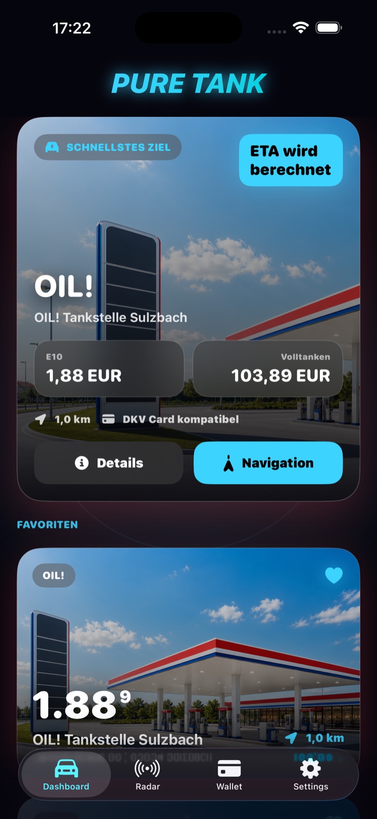 PureTank Dashboard mit Live-Spritpreisen