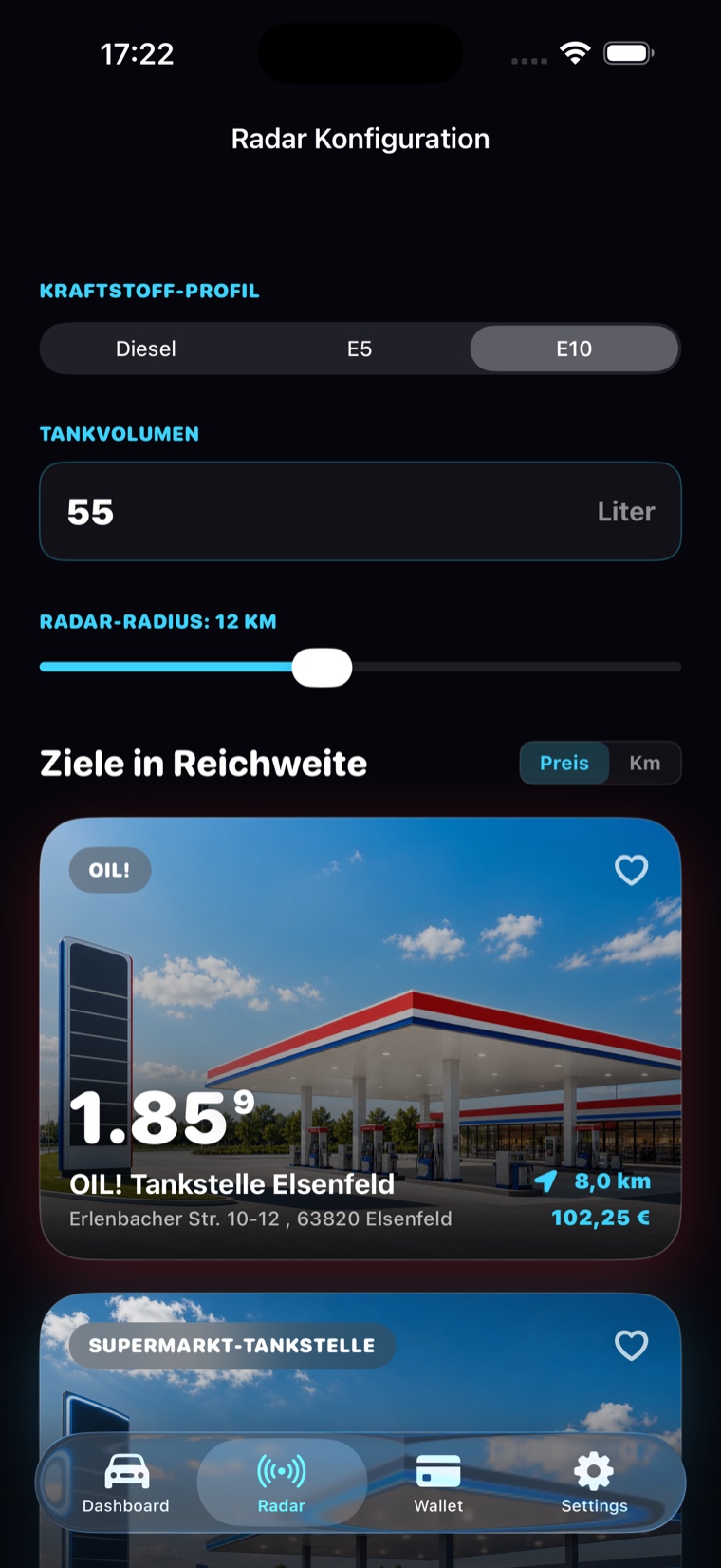 PureTank Karte und Tankradar