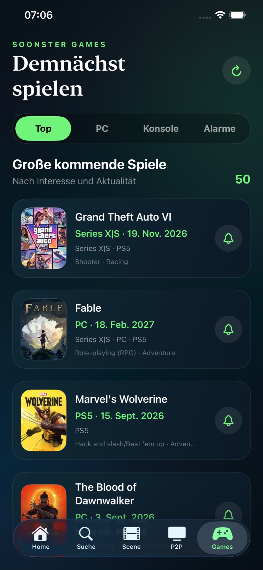 Soonster Games-Bereich mit kommenden Spielen und Spielalarmen