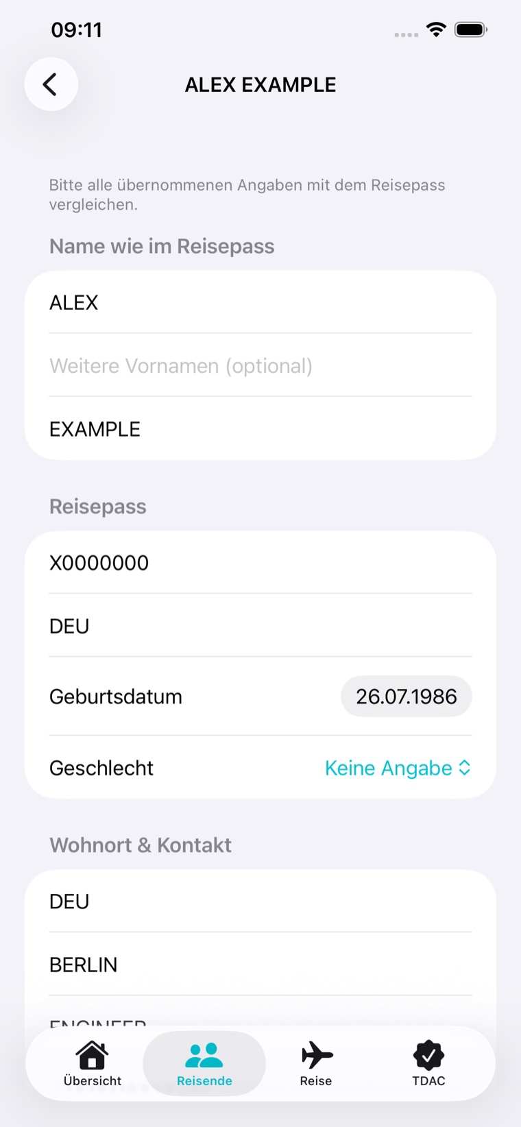 ThaiEntry Reisendenansicht mit Pass- und Personendaten